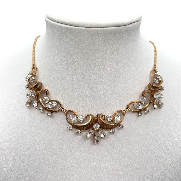 Vintage VAN DELL 12K Gold Plate Crystal Necklace with Filigree Wedding Jewelry - Picture 1 of 11